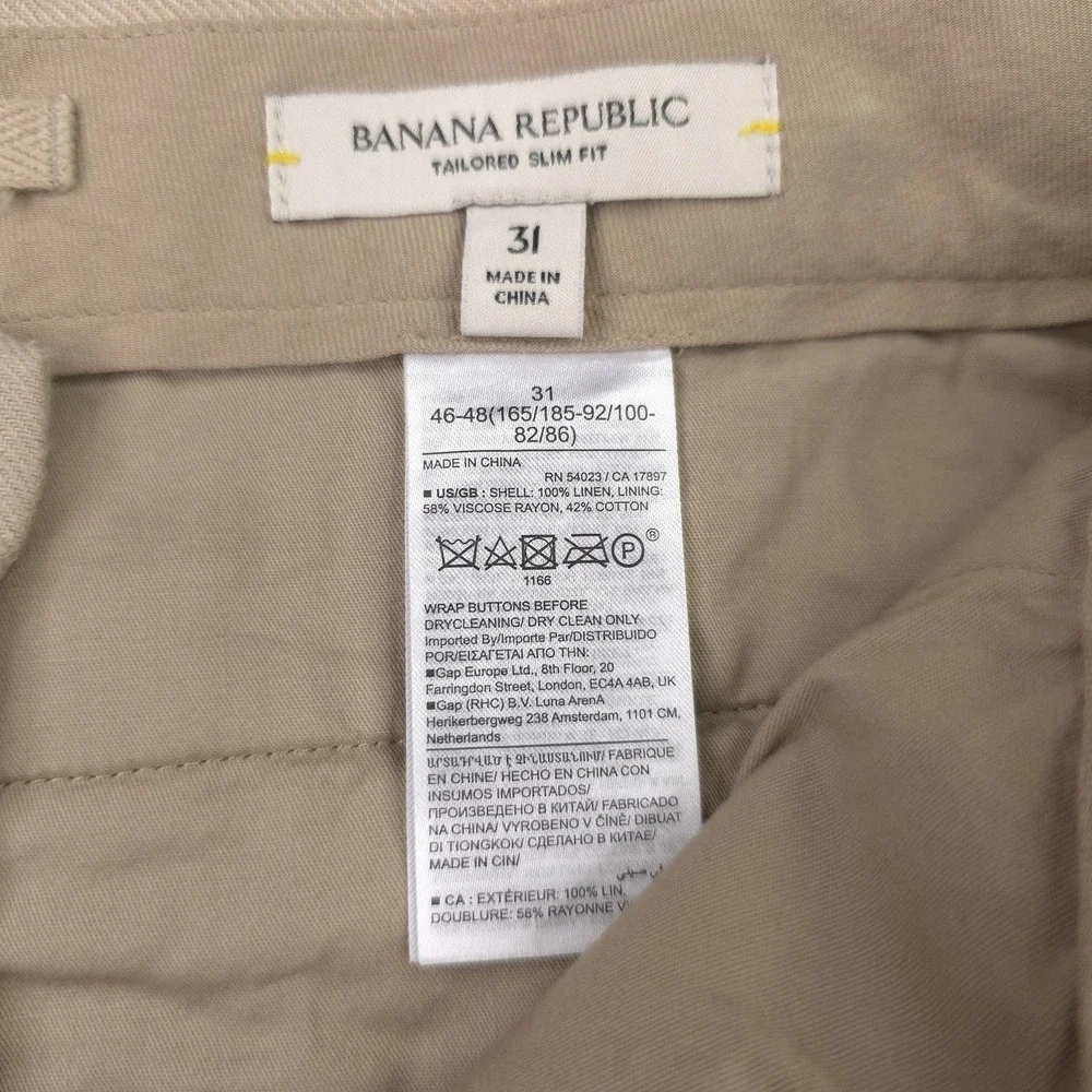 Banana Republic Cargo Pants Mens 31x30 Beige Linen Tailored Slim Fit Summer